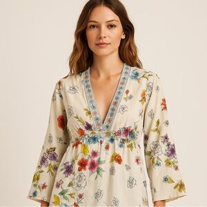 Johnny Was Silk Embroidered Floral Blouse Size Small